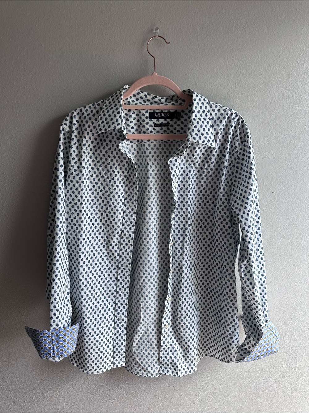 Lauren Ralph Printed Button Down Shirt Green White Paisley Cotton Top Size XL